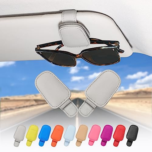 quipuda 2 Pièces Porte Lunettes pour Voiture en Cuir Véritable, Magnétique Support Lunettes pour Voiture Pare-soleil Accessoires, Pince à Lunette Auto, Pince pour Tickets et Cartes (gris)