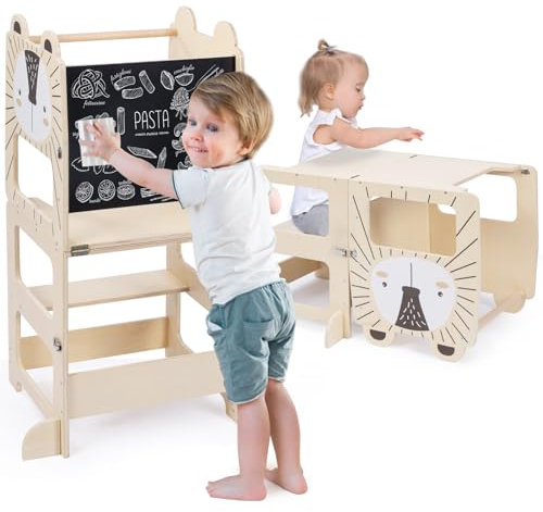 Kids Step Stool, Kitchen Stool Aid for Toddlers Wooden Learning Standing Tower with Chalkboard Foldable Toddler Table and Chair Set 2 in 1 Helper Standing Tower for 18 Months (lion)