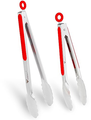 WINPOST Kökstänger i rostfritt stål, set med 2–27 cm och 34 cm, rostfritt stål och halkfritt värmebeständigt handtag – perfekt för matlagning, sallad, grillning och grill (27 cm + 34 cm, röd)