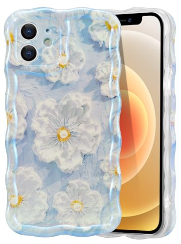 EYZUTAK für iPhone 11 Hülle, Bunte Vintage Ölgemälde Blumen, Hellblau | Glitzer Flower Muster Handyhülle, Niedliche Lockiges Wellenförmiger Rand, Langlebige TPU Schutzhülle, Für Mädchen Frauen