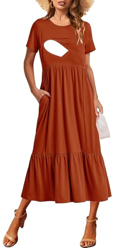 CzzzyL Nursing Friendly Dresses for Women Ruffle Short Sleeve Maternity Baby Shower Scoop Neck A Line with Pockets(Orange,Small)