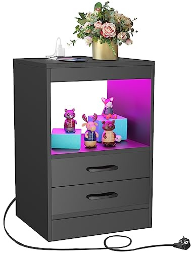 PIPIPOXER Nachttisch mit Ladefunktion und LED, Schwarz, 2 Schubladen, Hochglanz, 16 Farben Beleuchtung, Wohnzimmerbeistelltisch, 40x35x60cm