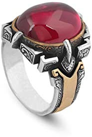 Jewellery Pit - Bague en Pierre Précieuse Rubis pour Hommes - Pierre Ovale en Argent Sterling 925, Style Millésime, Fait Main - adeau chiffon de nettoyage en argent (55)