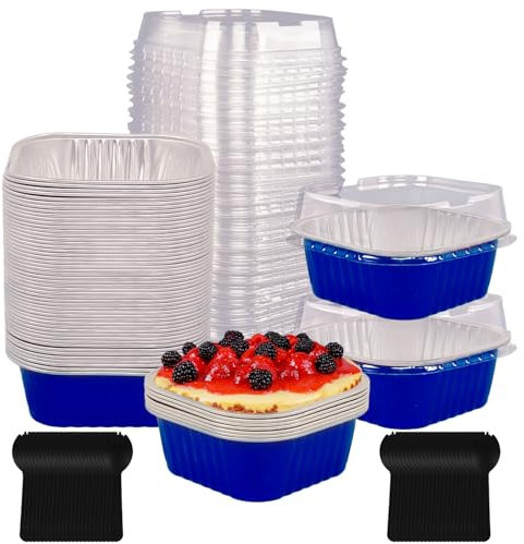 Confezione da 50 pirottini in alluminio con coperchio, riutilizzabili, quadrati, 300 ml, bicchieri usa e getta, per flan, crème brûlée, gelatina, per dessert, catering (blu reale)