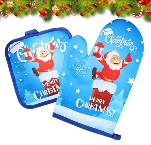 Guanto da Forno e Presina di Natale Guanti Cucina Decorazione Natalizia Cotone Resistente al Calore Presine da Cucina per Arrostire Cuocere Bomboniere per le Feste di Natale (Blu)