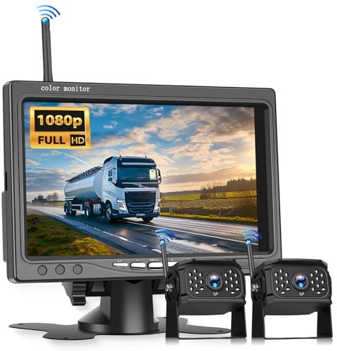 VECHTEL Kit Telecamera Posteriore IPS HD 7 Pollici senza Fili con 2 Telecamere, Telecamera Retromarcia Auto con BSD Impermeabile IP68 Visione Notturna Supergrandangolo per 12-36V Camion Camper Furgoni