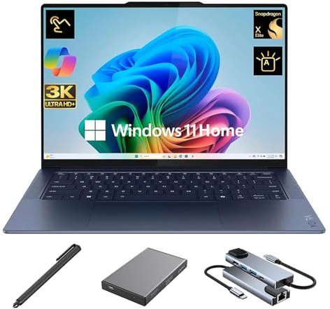 Lenovo Yoga Slim 7X 3K OLED Touchscreen Laptop, 14.5 1000 nits Display, Snapdragon X Elite 12-Core NPU Copilot+ PC, 16GB RAM, 1TB SSD + 500GB Portable Drive, WiFi 7, Backlit, Stylus Pen, Win 11