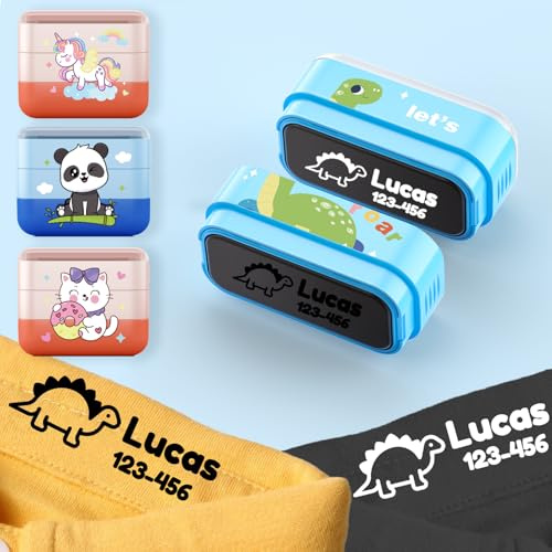 Double Stamp (White + Black) Name Stamp for Clothes Kids,Personalized Name Labels for School, Washable Fabric Stamps, Daycare Essentials (Cartoon)