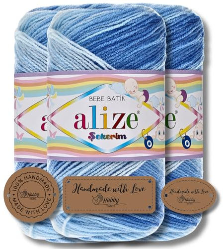 Hobby YARN 3x Etikettenlabel mit Alize Sekerim Bebe Batik Wolle Premium 3x100g als Set, Yarn, Garn, Strickgarn, Farbverlauf, Babywolle zum Häkeln, Stricken, Kleidung, Schals (3481)