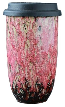 GENODA 1 x 480 ml Keramik-Kaffeetasse mit Silikondeckel und Tassenhülle, kreative große Kapazität, lässige Geschenke, Sommer, Winter, Trinkgeschirr (Kirschblüte)
