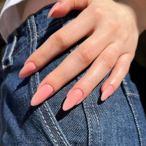 KQueenest Rosé Rosa Press On Nails Mittel Mandel - Acryl Nägel zum Aufkleben, Natürlich Einfarbig Fake Nails Fingernägel zum aufkleben, Glänzende Gel Full Cover Kunstnägel für Frauen 24 Stück