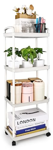 smtfcty Storage Trolley Cart 4 Tier Plastic Rolling Storage Rack, Mobile Storage Shelving Organizer Utility Cart Snack Cart Trolley for Kitchen, Bathroom, Laundry Room, Bedroom,White with Hooks