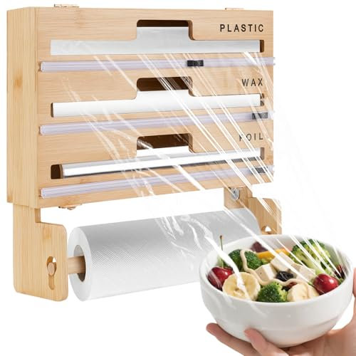 Bamboo Cling Film Dispenser and Cutter, 5-in-1 Cling Film & Tin Foil Dispenser with Kitchen Roll Holder - 33.5cm Organiser Storage Cutter