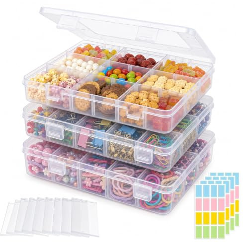 lafo 3 Packs Snack Box with Compartments, 18 Removable Dividers Plastic Organiser Box with 64 Labels, Kids Travel Snack Tray for Plane, Food Grade Leak-Proof Storage Container for Candy, Nuts, Crafts