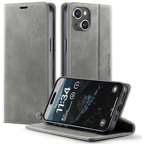 owlhold iPhone 13 hülle klapphülle Premium PU Leder, RFID Schutzhülle, Faltbare Ständer, Handytasche Lederhülle Kartenfach Standfunktion Handyhülle iPhone 13 - Grau