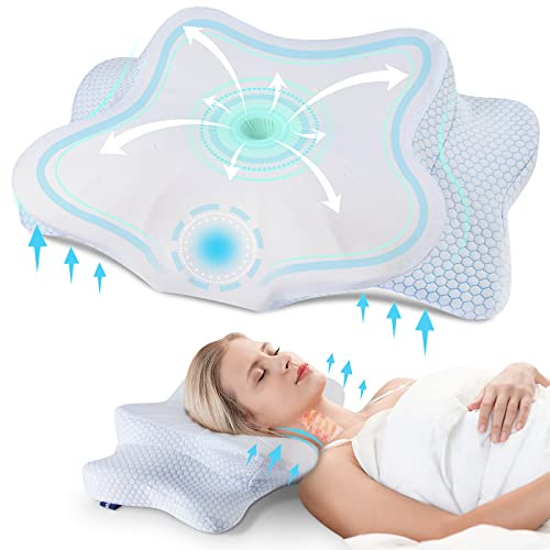 DONAMA Oreiller Ergonomique Cervical pour Les Dormeurs sur Le Côté, Le Dos Et Le Ventre, Oreiller Memoire Forme pour Le Cou et Les Épaules, avec Taie d'oreiller, 63x38x9/14cm, Blanc Bleu
