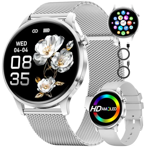 Smartwatch Damen mit Telefonfunktion, 1,32'' HD AMOLED Display für iOS Android, Elegante Armbanduhr, 24H Pulsuhr, Schlafmonitor, 100+ Sportmodi Fitnessuhr, Schrittzähler, 200 UI/Anpassbares UI, IP68