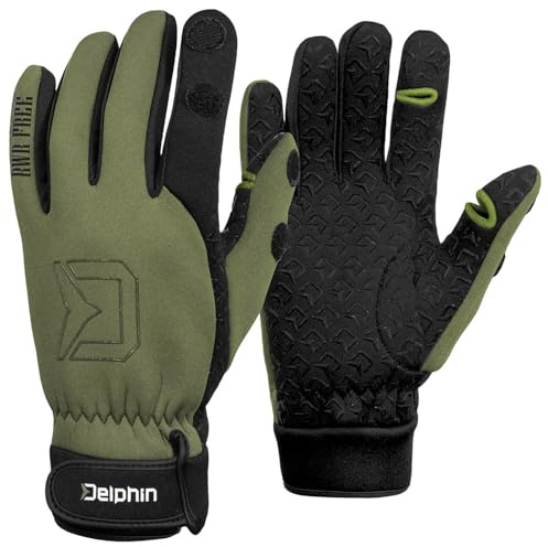 Delphin RWR Neopren Handschuhe Herren Grün Schwarz, Angelhandschuhe Winter, Anti-Rutsch, abnehmbare Fingerkuppen, wärmend, Flexibles Neopren für präzises Arbeiten beim Angeln