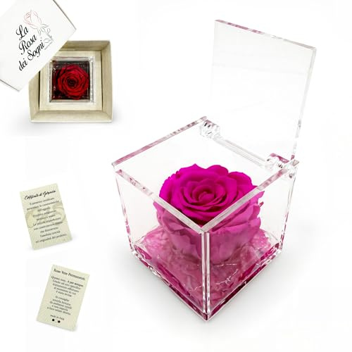 La Rosa dei Sogni Rosa Stabilizzata Profumata con Petali in gel in Cubo Trasparente - Confezione Regalo Elegante - Durata 5-7 anni - Made in Italy - 5x5 cm (Fucsia)