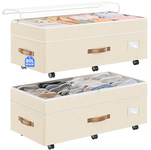 Budding Joy Under Bed Storage with Wheels 2Pack, 80L Height Adjustable Underbed Containers with Clear Lids, Rolling Under Bed Shoe Storage Organizer for Dorm Home Clothes, Blankets, Toys, Beige