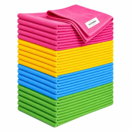 PLATOMER Microfibre Cleaning Cloths 40 x 40 cm (24 Pack) – Lint Free Cleaning Cloths, Reusable Kitchen Cloths, Soft Non Scratch Microfibre Towels for Glass, Car, Kitchen, Bathroom & Home.