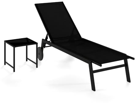 FANTASK Sonnenliege mit Rollen & Beistelltisch, Rollliege mit 6-Fach Verstellbarer Rückenlehne, Gartenliege aus schnelltrocknendem Stoff, Liegestuhl bis 150kg, Outdoorliege für Terrasse (Schwarz)