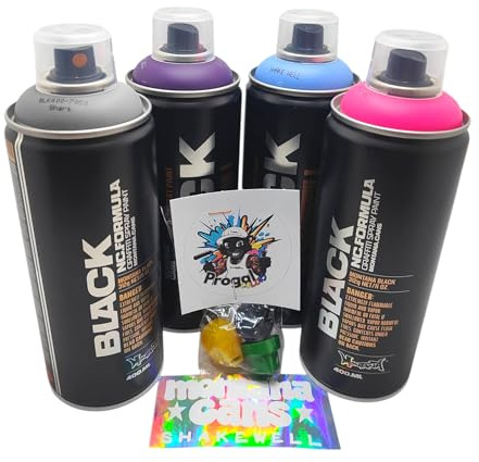PROGAL COLORS Montana Black Vernice spray per graffiti, 400 ml, 4 colori (grigio, viola, blu, rosa), alta pressione, finitura opaca, con 3 ugelli di ricambio + 1 adesivo Montana Cans