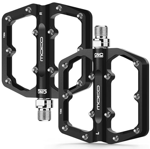 MoKo Cykelpedaler för MTB mountainbike, 2-pack mountainbike-pedaler CNC-bearbetad aluminium, platt pedal med 3 förseglade lager, 24 halkfria stift, hållbar och lätt, svart