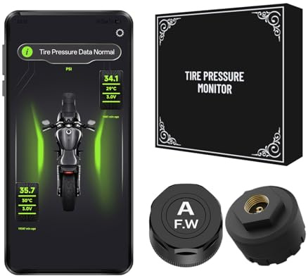 Motorrad Bluetooth TPMS Reifendruckkontrollsystem, kabellos Bluetooth 5.0 App-Verbindung, Echtzeit Reifendruck & Temperaturanzeige mit Alarm, IP67 wasserdichte Außensensoren für Motorrad Roller ATV