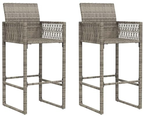 Mhdvray Garten-Barhocker 2er Set Grau Poly Rattan, Outdoor Barstühle mit Rückenlehne & Armlehne für Garten und Terrasse, Stabiler Stahlrahmen, Bistrohocker Sitzhöhe 80 cm, 52x58x118 cm