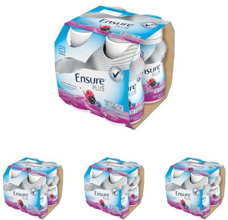 Ensure Plus Supplemento Nutrizionale Ipercalorico con Proteine, privo di Fibre |Formato bevanda| Alimento a fini medici speciali completo e bilanciato | Confezione 4x200ml Gusto Frutti di Bosco