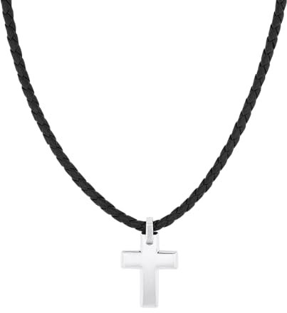 s.Oliver Kette mit Kreuzanhänger für Herren, Anhänger: Edelstahl, Kette: Echtes Leder, Silber/Schwarz