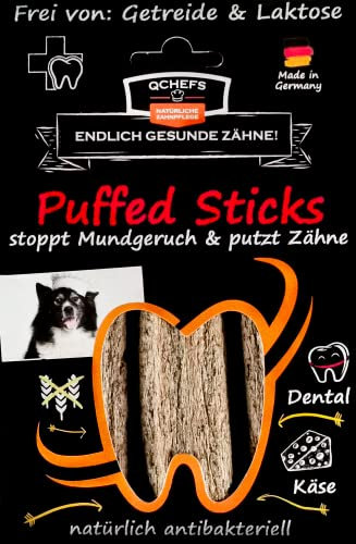 QCHEFS Puffed Sticks: Zahnpflege Hunde als vegetarische-getreidefreie Kaustangen nach dem Hundefutter und antibakterieller Mundgeruchentferne