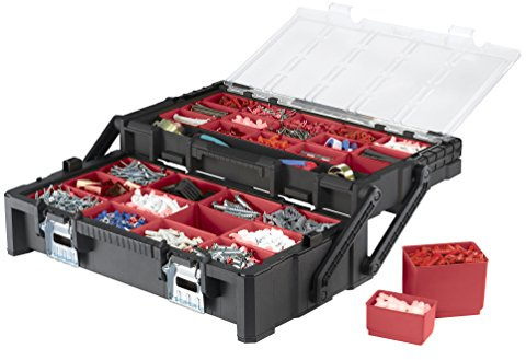 Keter - 236758 22 Inch Resin Cantilever Tool Box with 27 Removable Compartments – Perfect Organization and Storage for Assorted Nails, Screws, Hardware, Nuts and Bolts, Black Black/Red