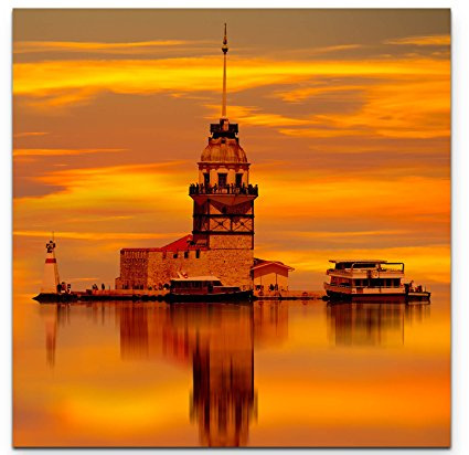 Leinwandbilder | Bilder Leinwand 90x90cm Maiden Tower kiz kulesi in Istanbul bei Sonnenuntergang