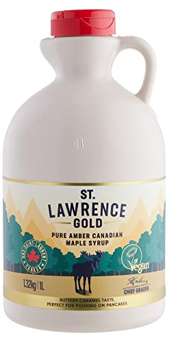St Lawrence Gold 100% Pure Canadian Maple Syrup 1 Litre - Grade A, Amber - Rich, Caramel Butter Syrup for Pancakes, Waffles, Cooking and Glazing - Gluten Free, Vegan, Bulk Buy