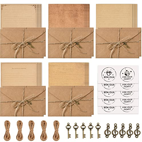Vintage Stationary Paper and Envelopes Set,Writing Stationery Paper Letter and Envelopes Includes 20 Sheets of Vintage Letter Papers,10 Envelopes,10 Hemp Ropes,10 Retro Keys