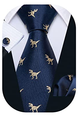 Barry.Wang Blue Dinosaur Ties Silk Fashion Men Necktie Set Formal