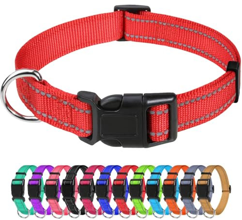 TagMe Reflective Nylon Dog Collars, Adjustable Classic Pet Collar with Quick Release Buckle for Small Dogs, Red, 2.0 cm Width