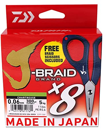 Daiwa J-Braid Grand X8E 0,22 mm, 19,5 kg/43,0 Lbs, 135 m chartress, flätad fiskelina, med sax, 12797-022P