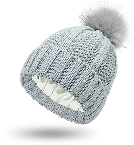 Damen Strickmütze mit Satinfutter Pom Pom Winter warme Mütze Bommelmütze, grau, One size