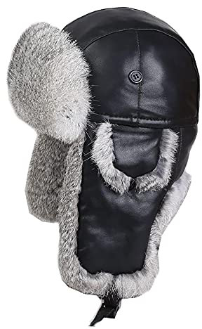 WHSPORT Lammfell Leder FliegermüTze Warme Naturleder Trapper Hut Winddichte Russische MüTze Ohrenklappen Schnee Ski Kopfbedeckungen (Color : Black, Size : 60cm/23.62in)