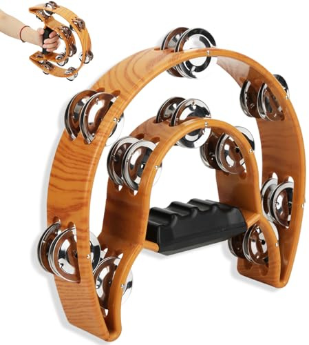 Double Row Tambourine, Handheld Musical Percussion Tambourines with Ergonomic Handle Grip Half Moon Musical Tambourine Percussion Drum for Adults, Church, KTV, Party (Brown)