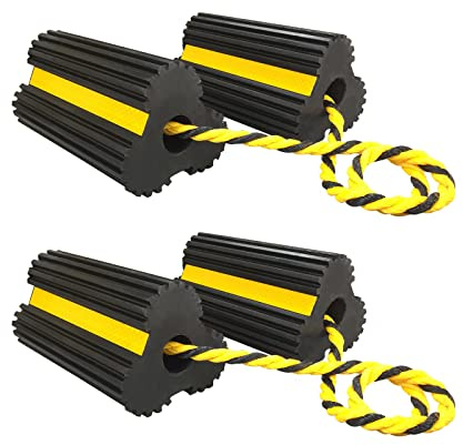 HOXWELL 2 Pair Rubber Heavy Duty Dual Wheel Chocks Front and Back, RV Leveling Blocks Non Slip Base with Nylon Rope Yellow Reflective Tape for Travel Trailers, Car, Camper, Truck (4 Pack)