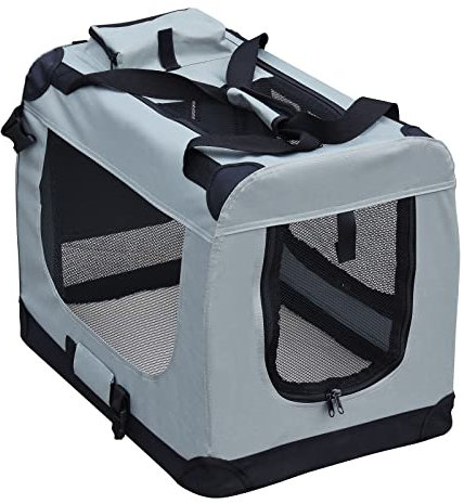 Fudajo Faltbare Transportbox für Hunde, Katzen L (70x52x50cm), robust, leicht, sicher, Hundebox mit Tragegriff und Decke, Grau