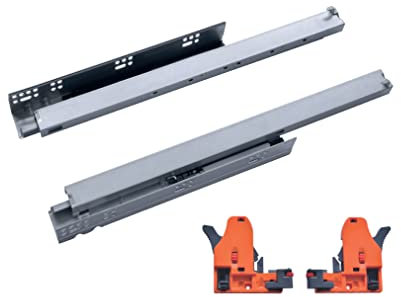 Juego Guía cajón con gatillos y regulación para muebles de cocina, armario, extracción total con sistema de auto frenado aguante de peso de 50kg largos L:350,400,550mm (400mm)