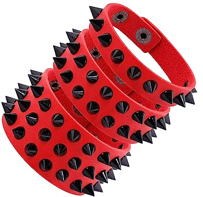 Manfnee 3Pcs Rouge Cuir PU Bracelet Large Rock Punk avec Rivet Clou Manchette Pour Homme Femme Accessoire du Motard Party
