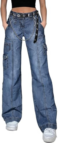 DINGJIUYAN Grunge Clothes Jeans for Women High Waisted Straight Leg Stretch Patchwork Denim Pants Womens Girls Patch Pencil Baggy Jeans with Belt