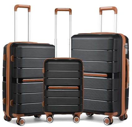 British Traveller Set di Valigie Rigide 3 Pezzi Trolley PP Leggero con TSA Lucchetto (55/65/76cm, Nero)
