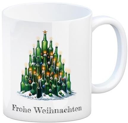 Weihnachtsbaum aus Bierflaschen Kaffeebecher und Spruch Frohe Weihnachten Weihnachtstasse als Festliches Deko-Unikat mit Lichtern, Kerzen und Kugeln, Tasse ideal für Weihnachten